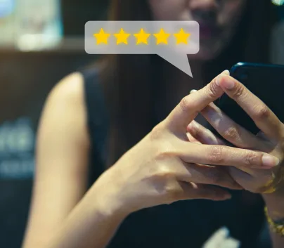 Customer review good rating concept, people use smartphone with five star icon, positive costume